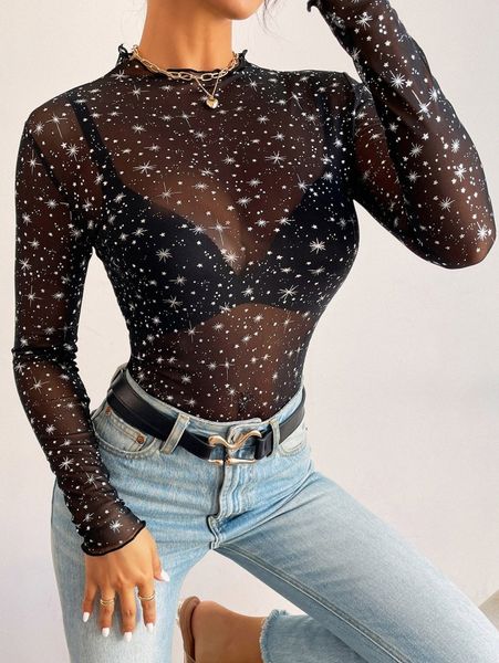 

mock neck star mesh without bra n2yr#, White