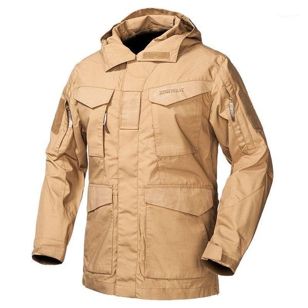 

tactical long coat men autumn hooded trench jacket us army field military waterproof pockets windbreaker men's coats, Tan;black
