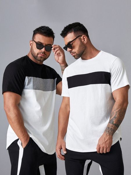 

extended sizes 2pcs colorblock round neck tee q12y#, White;black