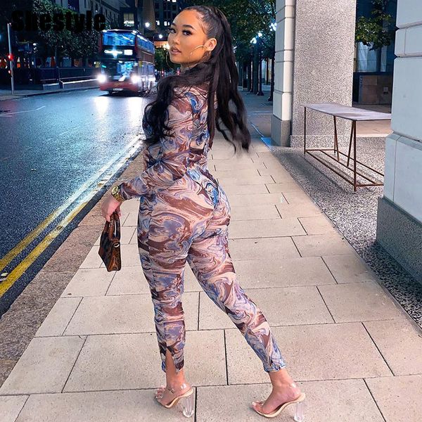 

shestyle mesh two pieces sets women universe printed high neck bodysuits pencil pants see through tracksuits club partyby, Black;white