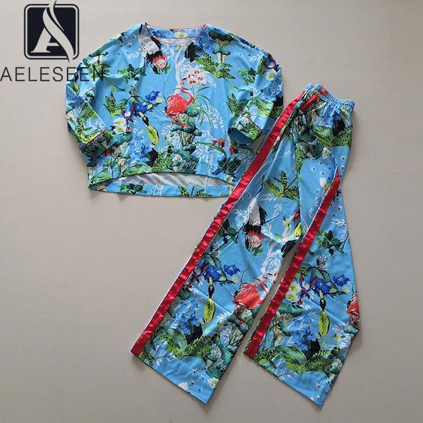 

women's two piece pants aeleseen 2021 spring summer casual sets flower birds print loose blouse+full lenght elastic fashion 2 pieces xx, White