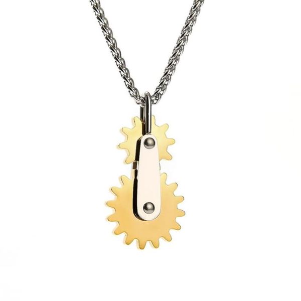 

stainless steel gold black double gear pendant necklace jewelry men punk rock gift for him with chain chains, Silver