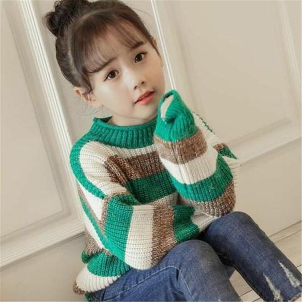 

pullover spring winter girl casual hedging sweater children's knitted woolen kids warm thicken plus velvet color matching, Blue