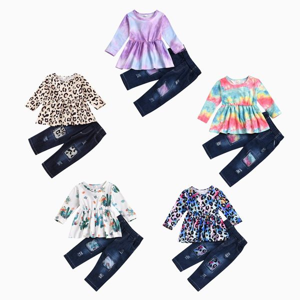 

pudcoco 1-6y toddler kid girls clothes set leopard tunic ruffles denim pants jeans children outfits autumn spring clothing, White