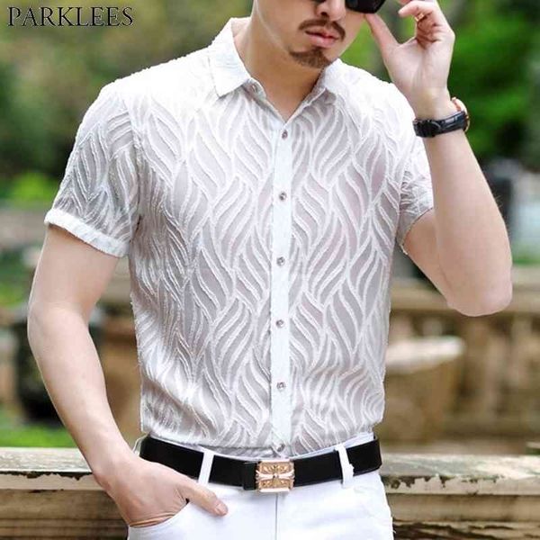 Camicia di pizzo con motivo a onde di lusso da uomo Sexy abito da uomo trasparente Shrits Vedere attraverso Top a rete Camicetta Chemise Homme 210522