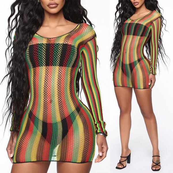 

colorful striped fishnet beach dress smock women's swimsuit cover ups see through long sleeve v-neck mini bodycon swimwear, White;black