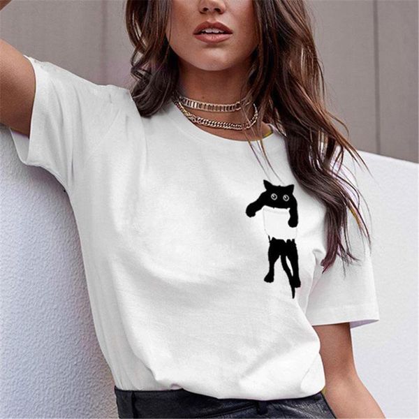 

women's t-shirt miarhb women cat print loose short sleeve shirts casual simple pullover 2021 summer bluzka damska, White