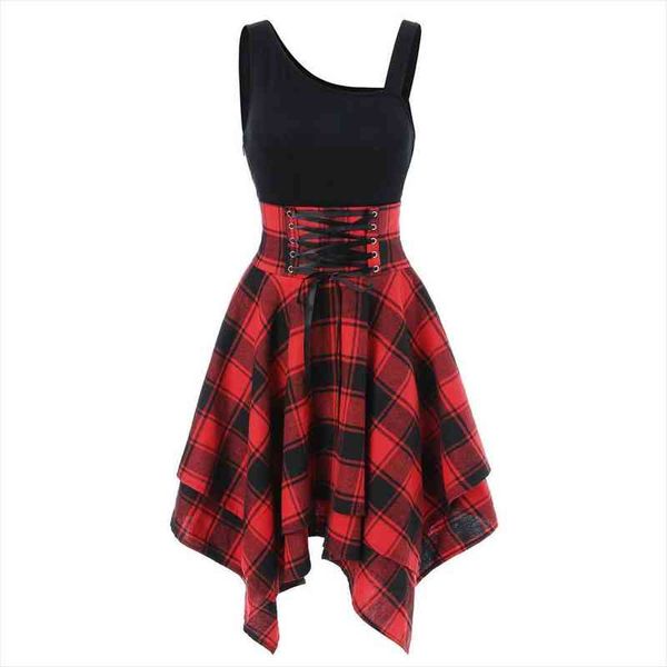 

fashion dresses women sleeveless cold shoulder tank dress cross lace up plaid print irregular mini dress sukienka damska, Black;gray