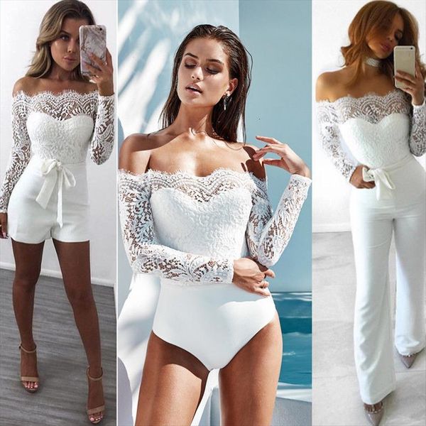 

elegant off shoulder lace summer women romper casual long trousers overalls white, Black;white