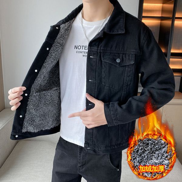 

2021 autumn winter new men's plush denim korean trend loose coat casual work et, Black
