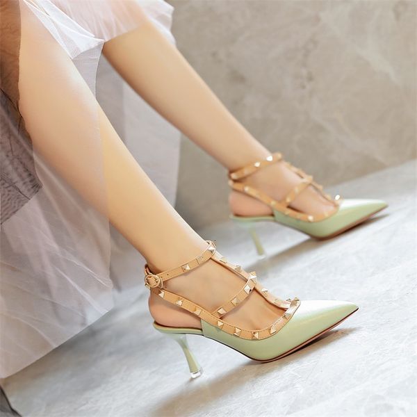 

luxury dress shoes 7713-1 rivet pointed high heels, women's thin heel strap sandals, spring and summer 2021 versatile liuding, Black