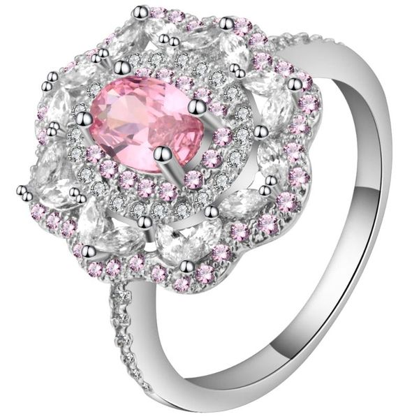 

wedding rings fashion luxury crystal flower for women engagement ring pink white cubic zirconia female finger, Slivery;golden