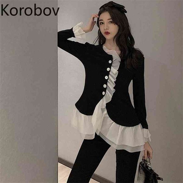 

korobov ruffles button patchwork women blouses vintage flare sleeve hit color short shirts korean knitted mujer blusas 79481 210719, White