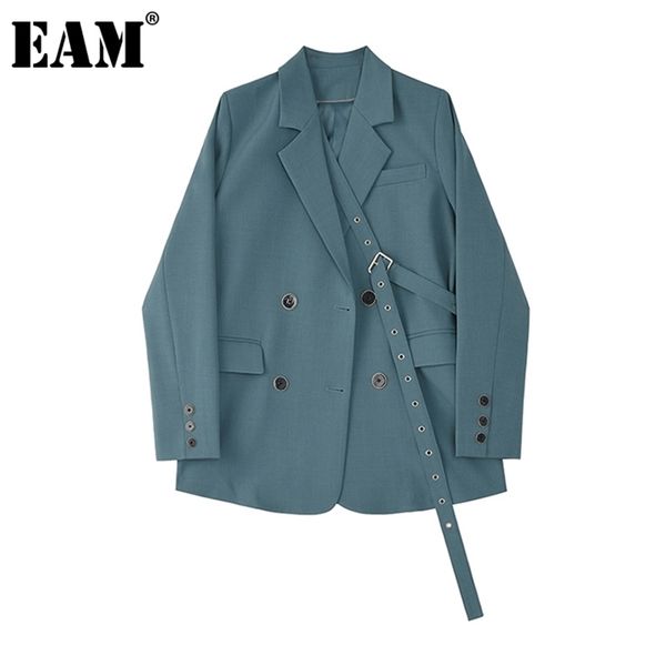 

[eam] women blue button ribbon big size blazer lapel long sleeve loose fit jacket fashion spring autumn 1z705 211104, White;black
