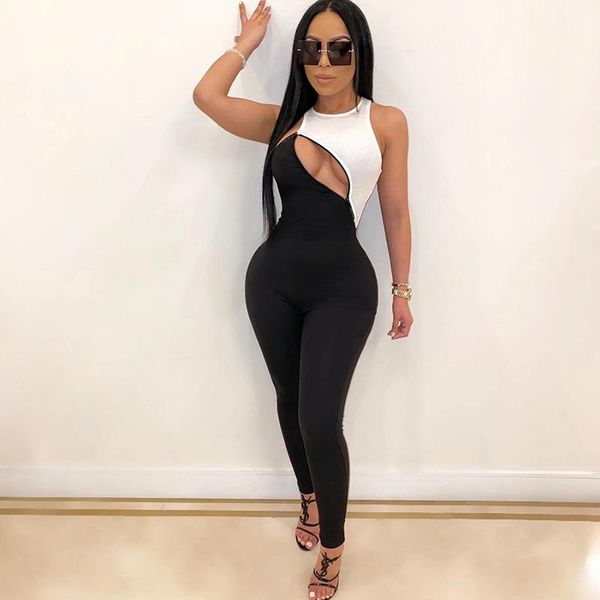 

women's jumpsuits & rompers hollow out jumpsuit women patchwork color sleeveless o-neck summer fashion casual bodysuit, Black;white