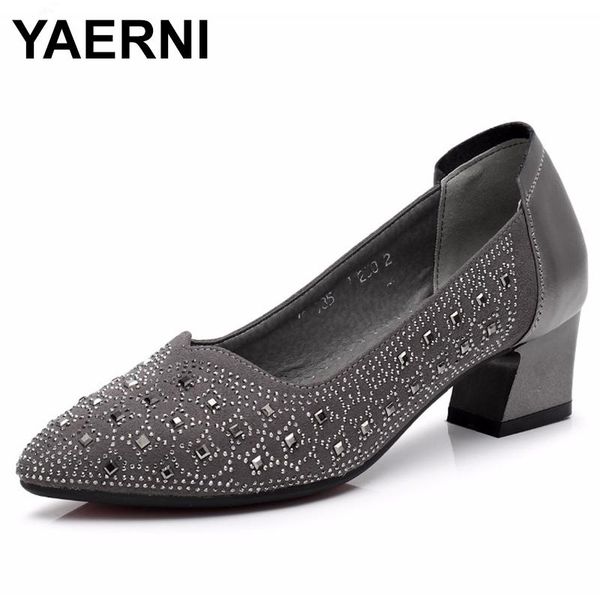 

dress shoes yaernifashion genuine leather woman pointed toe women pumps shallow slip-on square heel zapatos mujer med heels e555, Black