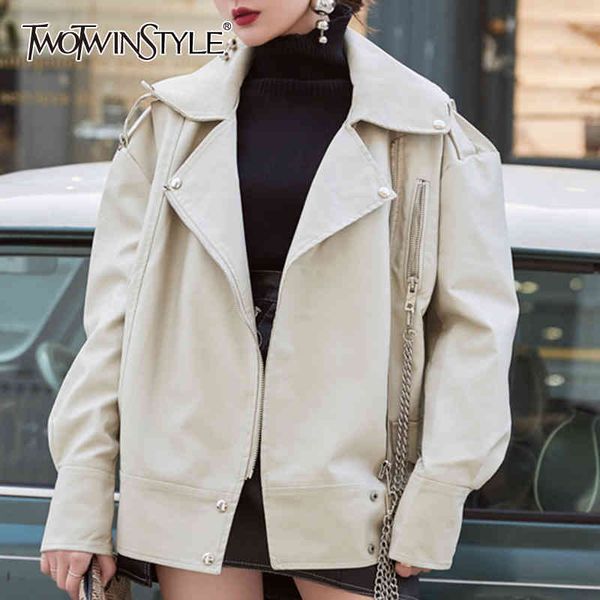 

twotwinstyle pu leather black jacket for women lapel collar long sleeve chains zipper streetwear coat female autumn 210517