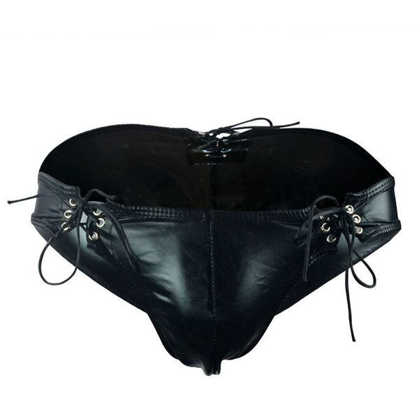 

bandage men's underwear faux leather male u convex briefs adjustable drawstring pu panties, Black;white