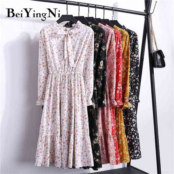 

floral printed dress women plaid lace-up casual chiffon korean midi dresses beach boho vintage kawaii fashion vestidos 210506, Black;gray