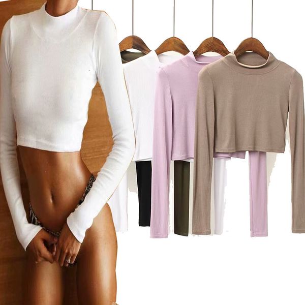 

t shirt open belly ultra short half high crew neck long sleeve solid color slim bottomed 2021 spring and autumn product, White