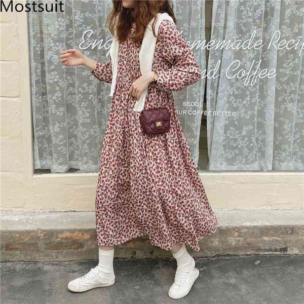 

korean floral printed long dress women sleeve o-neck casual fashion loose dresses vintage elegant vestidos 210518, Black;gray
