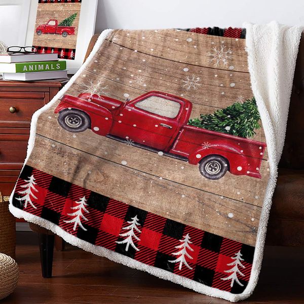 

Pine Fir Tree and Red Retro Truck Sherpa Flannel Throw Blankets Thick Reversible Plush Fleece Blanket for Bed Couch Sofa Decor