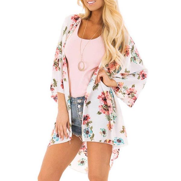 

women's blouses & shirts summer women boho floral kimono cardigans swim cover-ups female beach cardigan bathing bikini cover up outfit, White