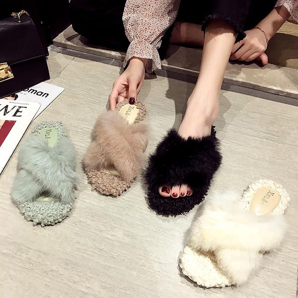 

slippers cross-tied fur slides flats brief sweet women shoes solid curly wool designer fashion flip flops comfy soft female 2021, Black
