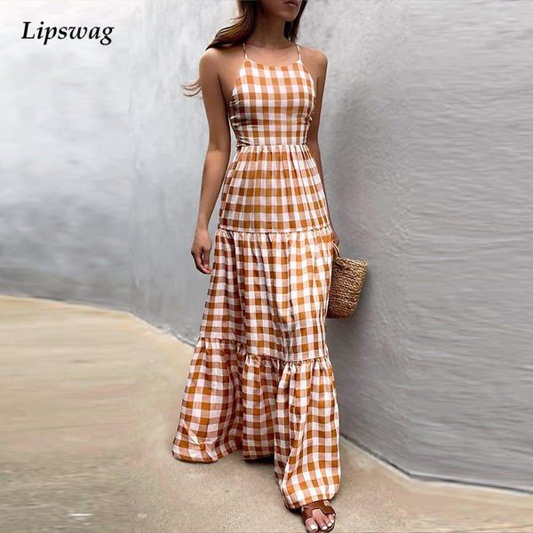 

lace-up cross backless party dress lady fashion vintage plaid print long dress summer casual sleeveless women maxi dresseshigh quality, Black;gray