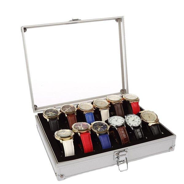 

watch boxes & cases luxury box aluminum suitcase case metal organizer 12 slots men personalized silver display jewelry gift, Black;blue