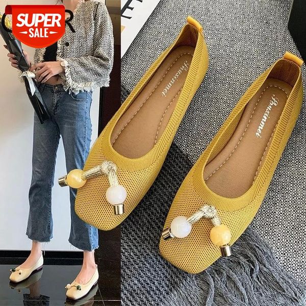 

2021women flats ballet shoes breathable knitted square toe moccasins thick heels beige yellow flat ballerina shallow female #2a8q
