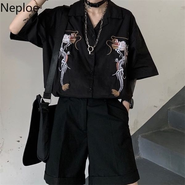 

neploe harajuku blusas punk gothic black blouse women korean embroidery dragon button up shirts vintage loose clothes, White