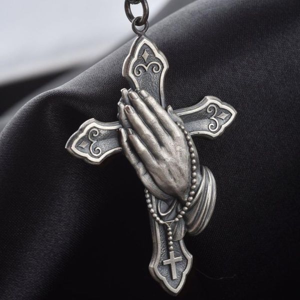 

pendant necklaces pray the cross with both hands necklace vintage style christian thai plating 2 colors jewelry gfit for men, Silver