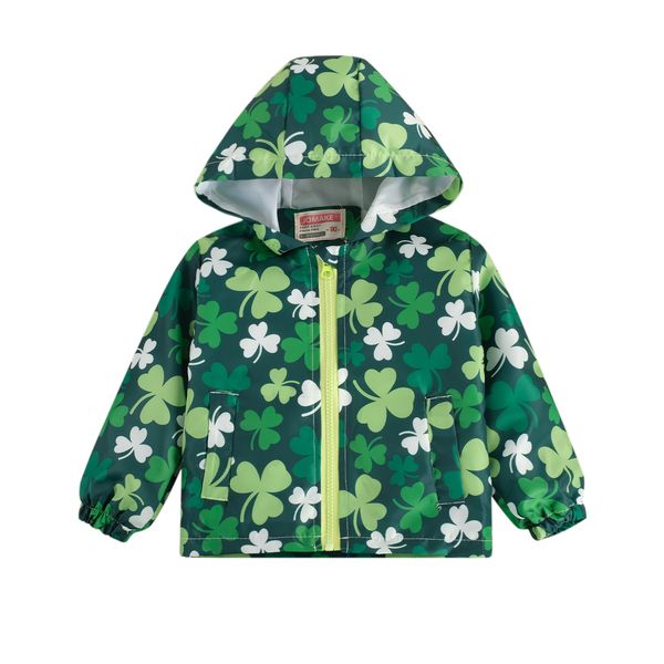 

2-7y children boy girl cartoon print jacket winter fall fresh green clover print long sleeve zipper windproof hooded coat, Blue;gray