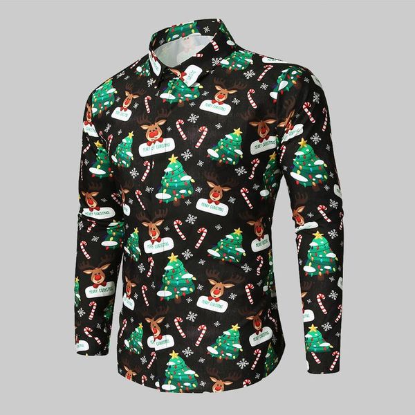 

men's casual shirts men autumn and winter christmas long sleeve button turn-down collar fashion printing blouses top, White;black
