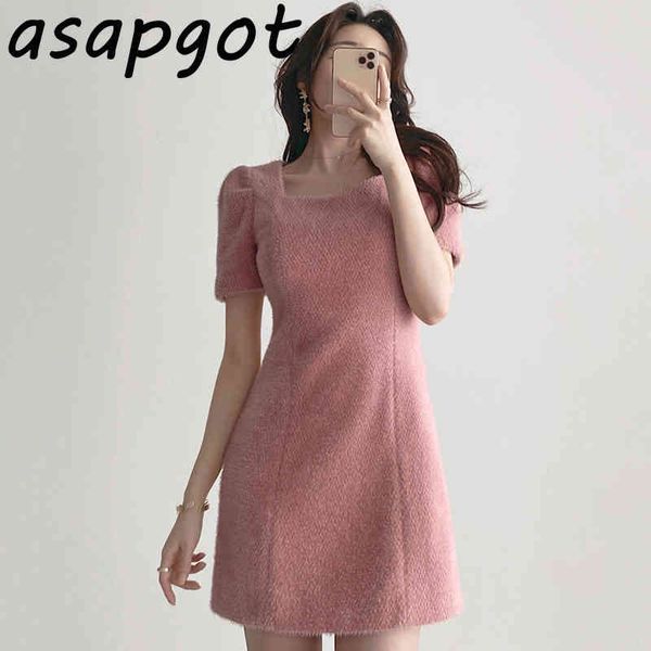 

korea chic temperament elegant woolen short sleeve square collar pink dress mini slim waist bag hip solid office lady fashion 210429, Black;gray