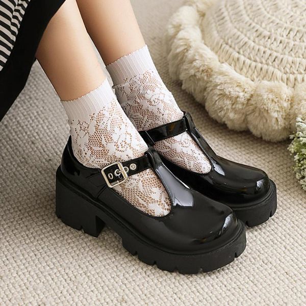 

dress shoes 2021 college style metal buckle platform patent leather mary jane pumps ventilated breathable cloth lining, Black