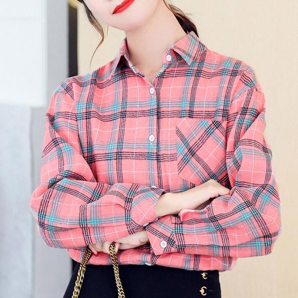 

women's blouses & shirts 2021 spring korean fashion plaid cotton long sleeve formal office lady shirt women turn-down collar cardigan, White