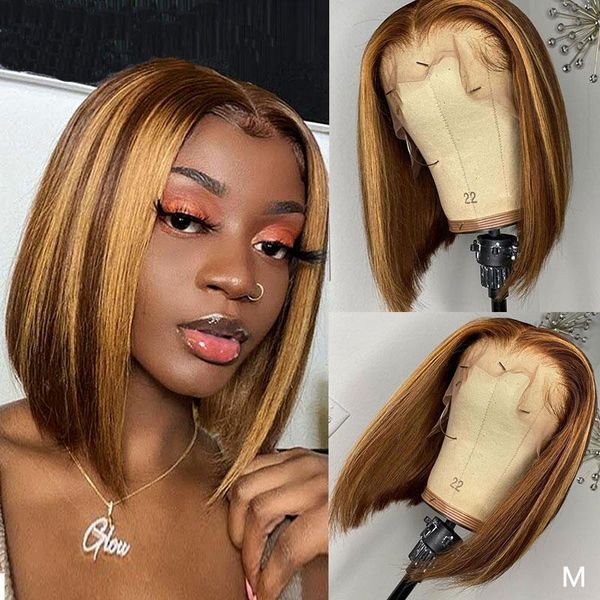 

lace wigs 13x4 straight front human hair brown highlight wig 150% remy short bob for black women pre plucked m, Black;brown