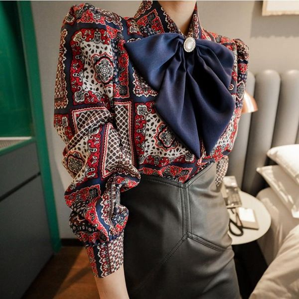

europe women fashion turn-down collar chiffon blouse long-sleeved printed blouses work wear casual shirt blusas women's & shirts, White