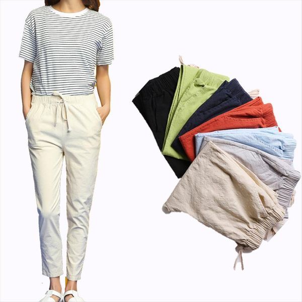 

autumn casual fashion cotton linen womens pants elastic waist harem pencil pockets loose big plus size trousers, Black;white
