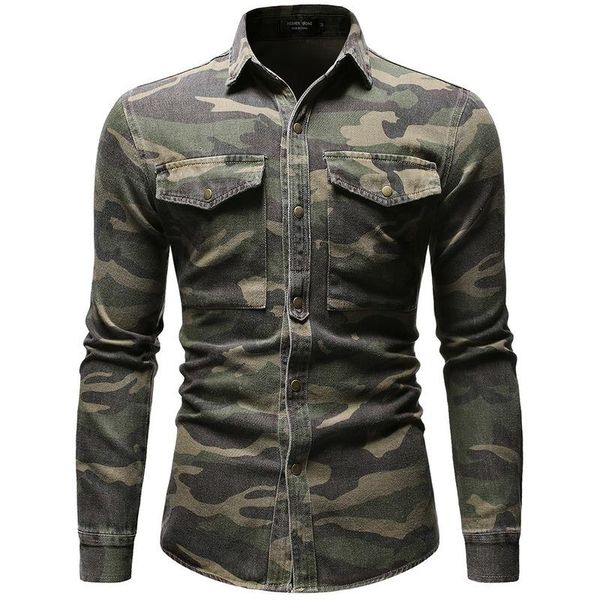 

men's casual shirts 2021 spring camouflage long sleeve denim shirt men lapel single breasted fashion mens, White;black