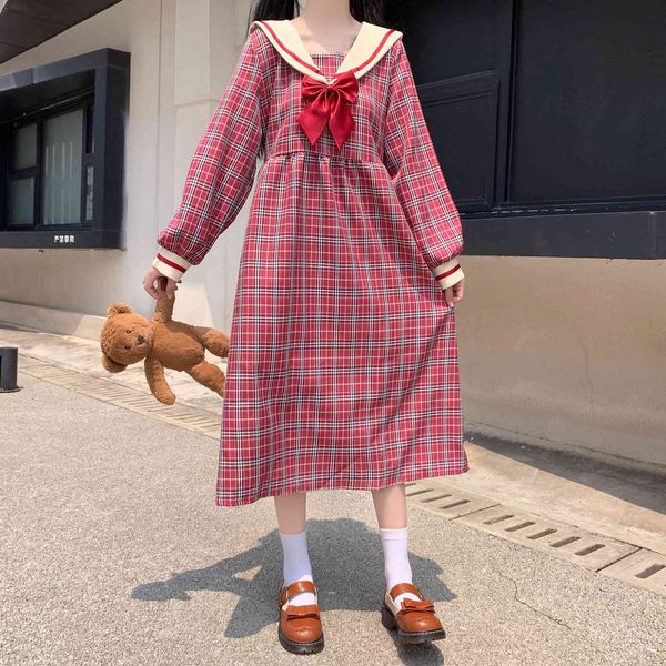 

dress sweet autumn ladies'dress jk japan preppy-style plaid sailor's collar long dress women's dresses, Black;gray