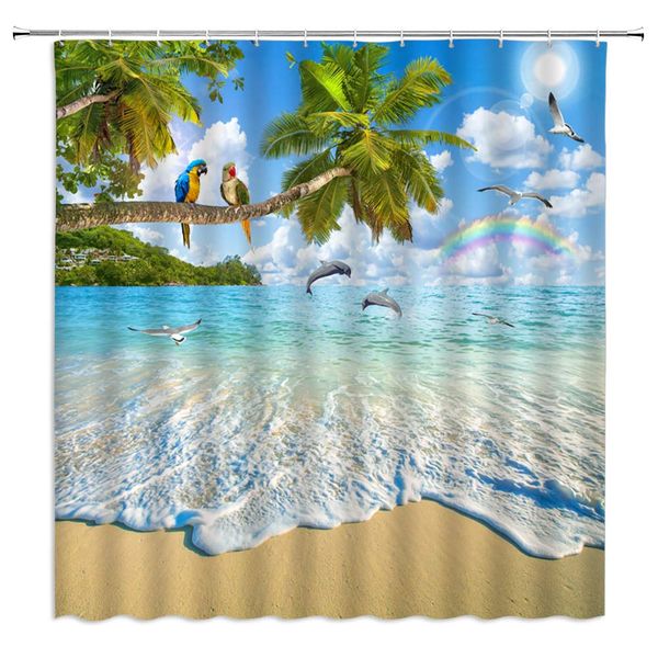 

ocean beach shower curtain,tropical island natural scenery coconut tree parrot dolphin bird rainbow decor,fabric bathroom set