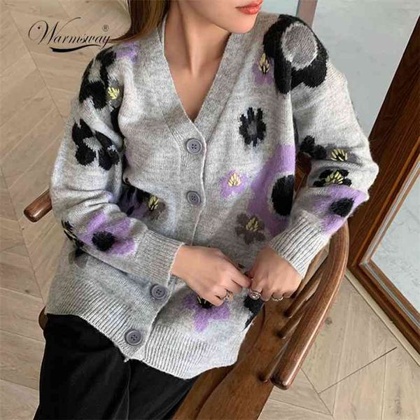 Herbst WinterHochwertige Mode Lose Blumen V-Ausschnitt Strickjacke Langarm Einreiher Knopf Strickpullover C-199 210522