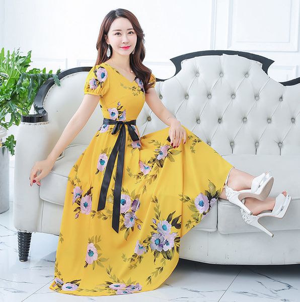 

summer bohemian yellow temperament printed chiffon long female beach fashion dress short sleeve kn001 m4io, Black;gray