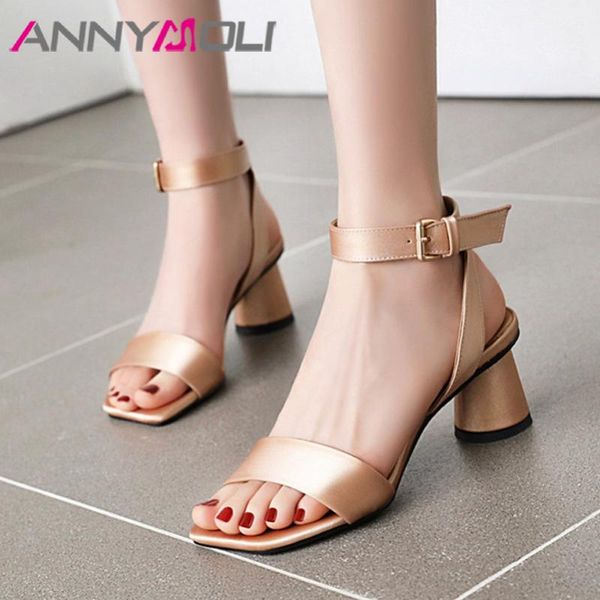 

silk round high heels sandals ankle strap shoes women buckle square toe party footwear lady summer black big size 33-46