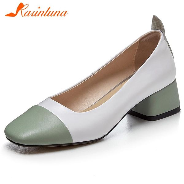 

dress shoes karin spring ladies genuine leather pumps fashion square toe med chunky heels women brand patchwork woman, Black