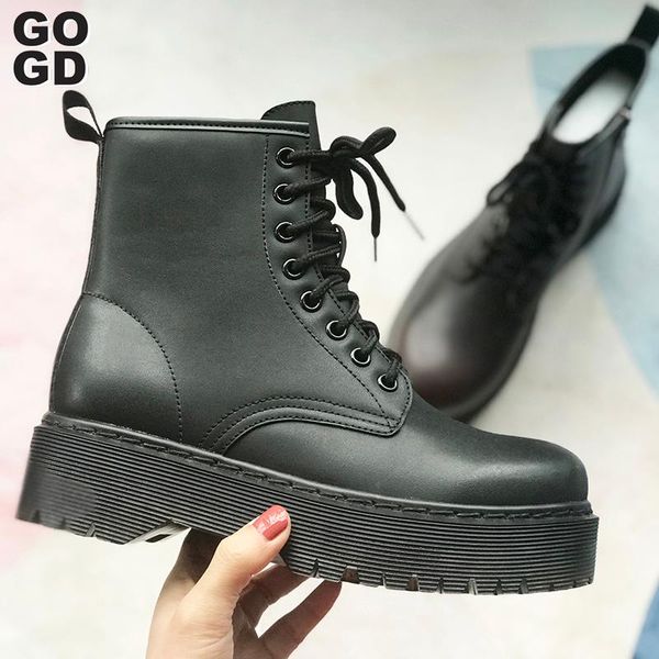 

boots [gogd]the latest designed flat women's student shoes in 2021, soft black leather lace-up strap platform