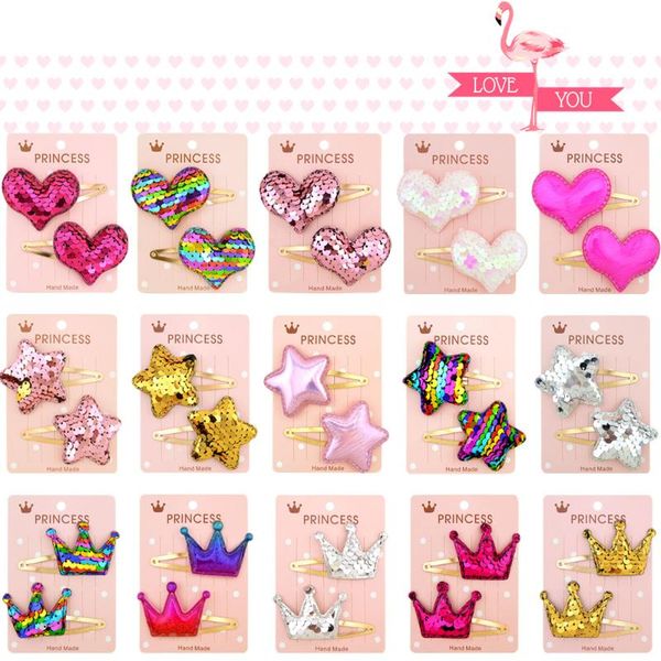 

hair accessories 2pcs/set sequins cartoon love heart crown clips for girls handmade boutique hairpins baby kids 035, Slivery;white